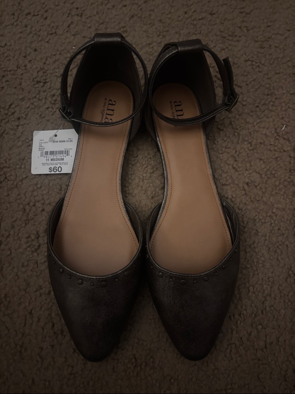 A.N.A Pointed-Toe Ankle-Strap Flats in Bronze